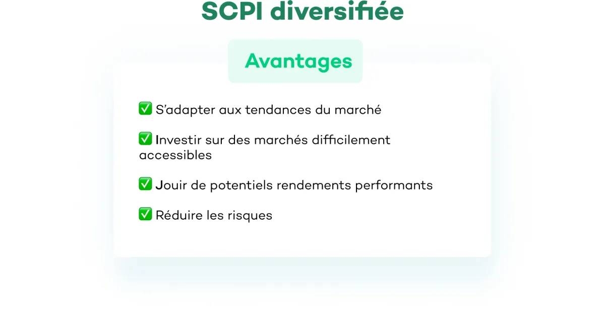 Les avantages d’une SCPI diversifiée : s’adapter aux tendances du marché, investir sur des marchés difficilement accessibles, viser des rendements performants et réduire les risques.