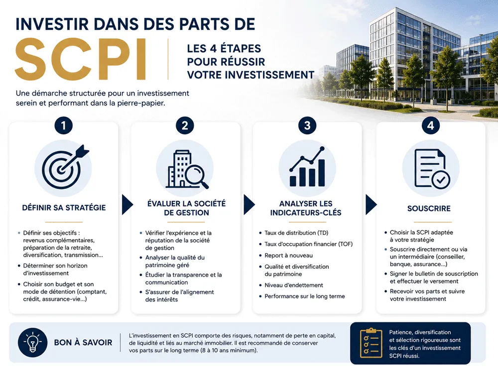 Les quatre étapes pour investir en parts de SCPI : définir sa stratégie et son horizon, évaluer la société de gestion, analyser les indicateurs-clés (taux de distribution, taux d’occupation financier, report à nouveau) puis souscrire.