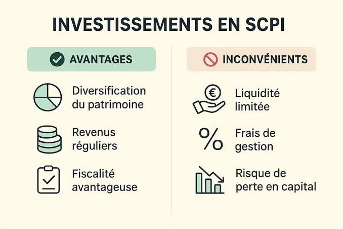 Avantages et inconvénients de l’investissement en SCPI : diversification du patrimoine, revenus réguliers et fiscalité avantageuse d’un côté ; liquidité limitée, frais de gestion et risque de perte en capital de l’autre.