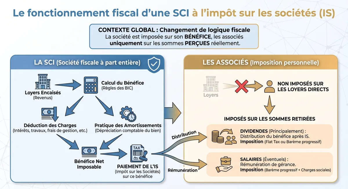 Schéma fiscal d’une SCI à l’impôt sur les sociétés : la société déduit ses charges et amortissements puis paie l’IS sur son bénéfice net, tandis que les associés ne sont imposés que sur les dividendes ou salaires réellement perçus.